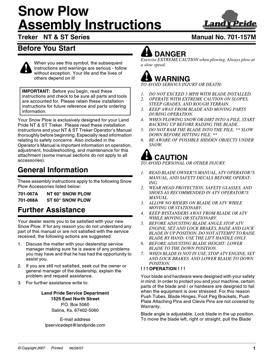 LAND PRIDE SNOW PLOW ASSEMBLY INSTRUCTIONS MANUAL Pdf Download ManualsLib