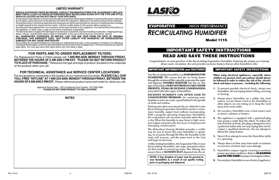 LASKO 1115 USER MANUAL Pdf Download | ManualsLib