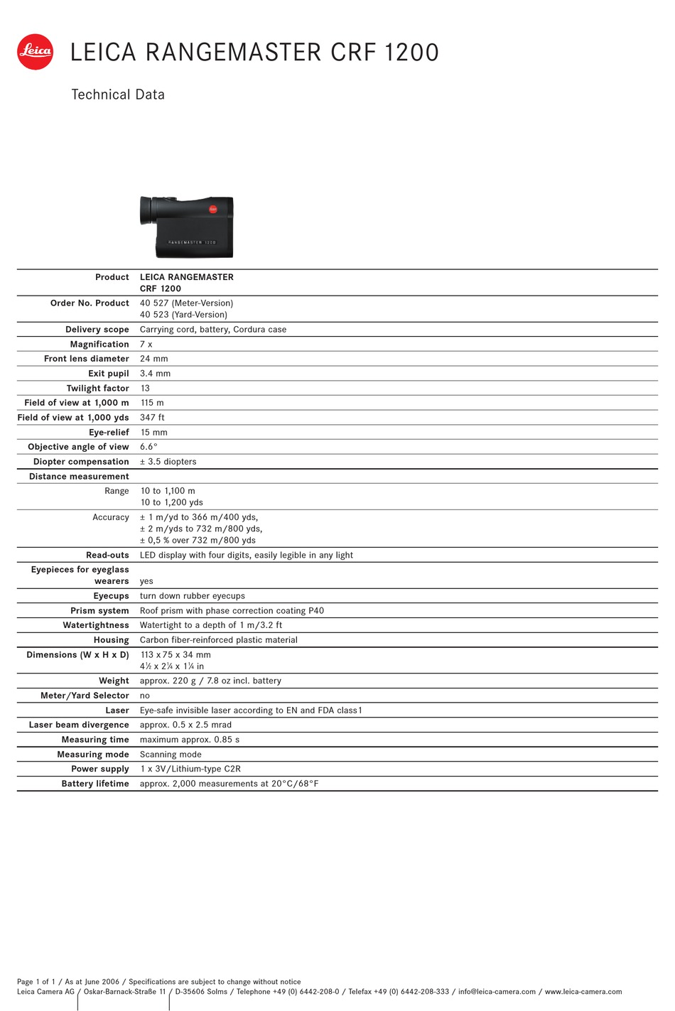 LEICA RANGEMASTER CRF 1200 TECHNICAL DATA Pdf Download | ManualsLib