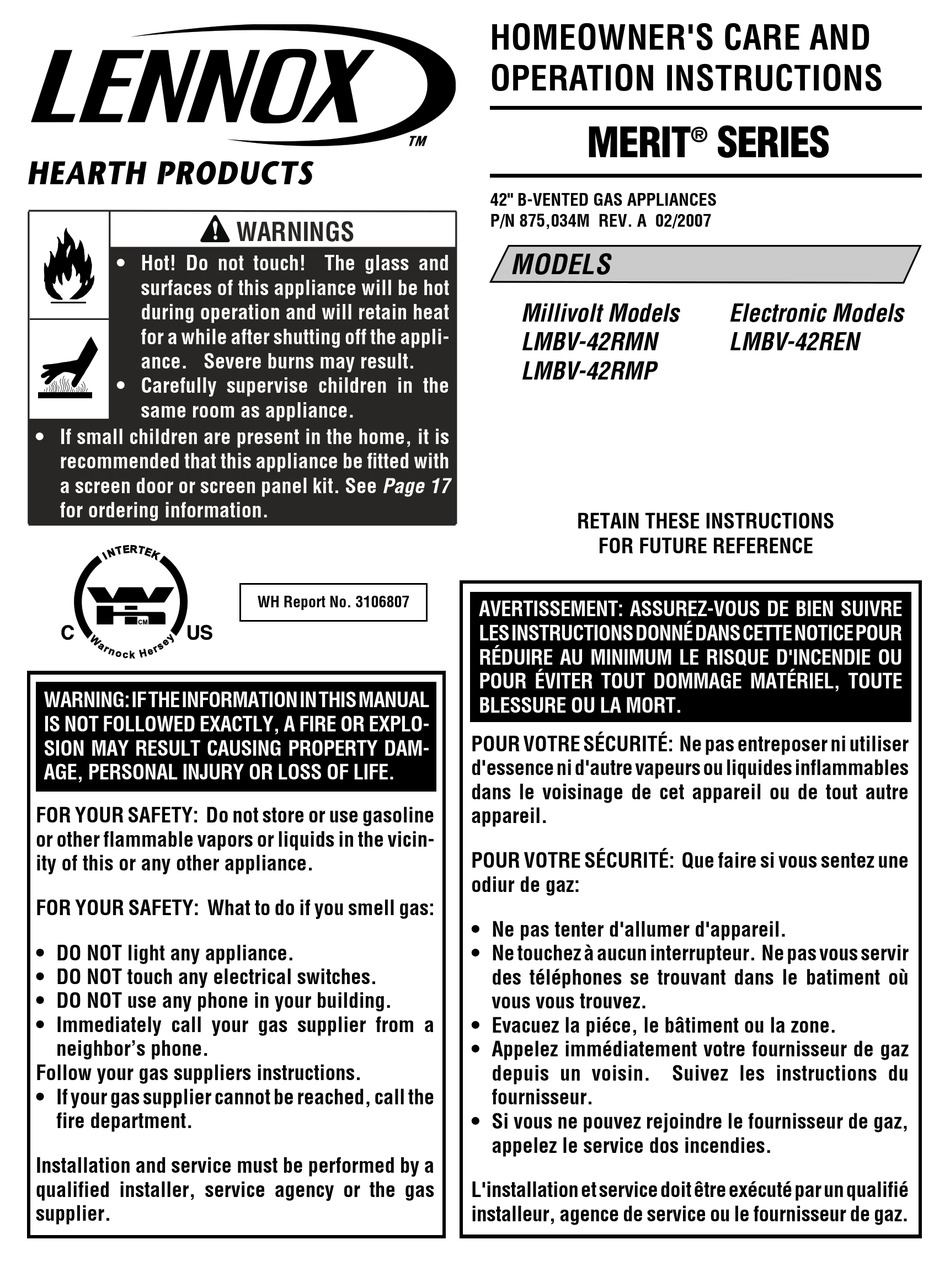 LENNOX HEARTH PRODUCTS MERIT SERIES LMBV42REN HOMEOWNER'S CARE AND