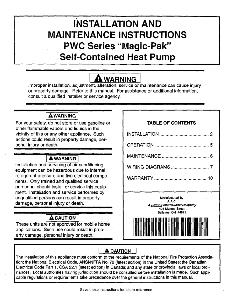 LENNOX MAGICPAK PWC182 INSTALLATION AND MAINTENANCE INSTRUCTIONS