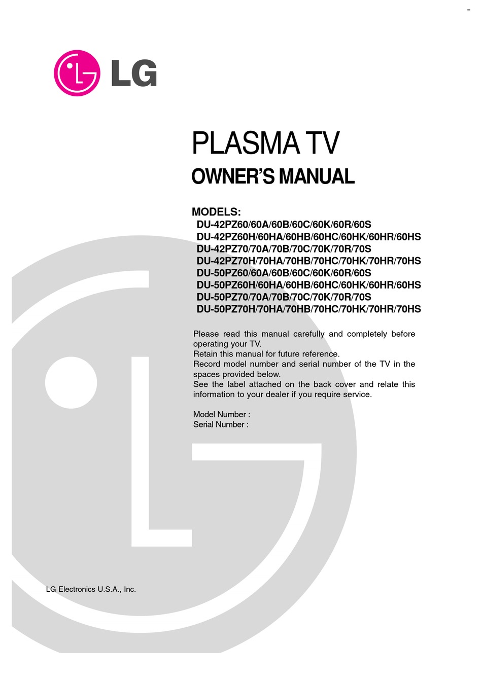 LG 60A OWNER'S MANUAL Pdf Download | ManualsLib