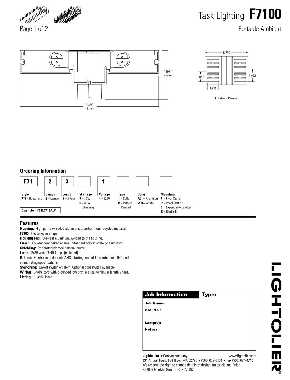 LIGHTOLIER TASK LIGHTING F7100 SPECIFICATION SHEET Pdf Download ...