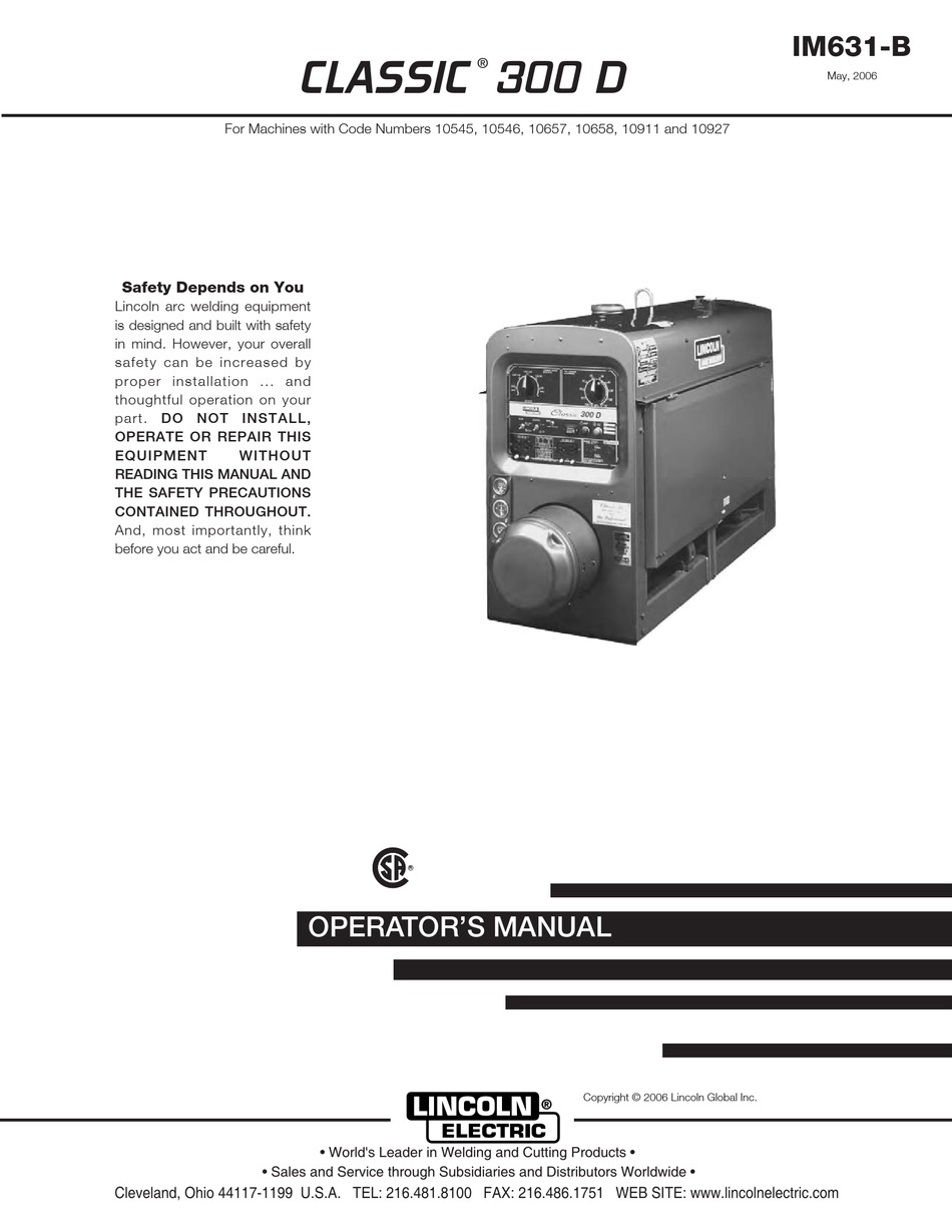 LINCOLN ELECTRIC CLASSIC 300 D OPERATOR'S MANUAL Pdf Download | ManualsLib