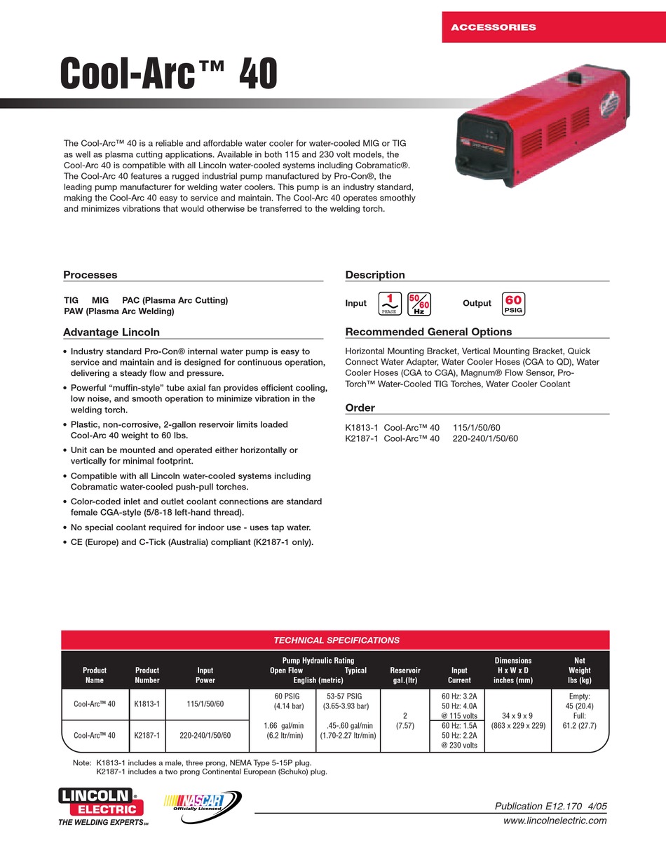 LINCOLN ELECTRIC COOLARC 40 TECHNICAL SPECIFICATIONS Pdf Download