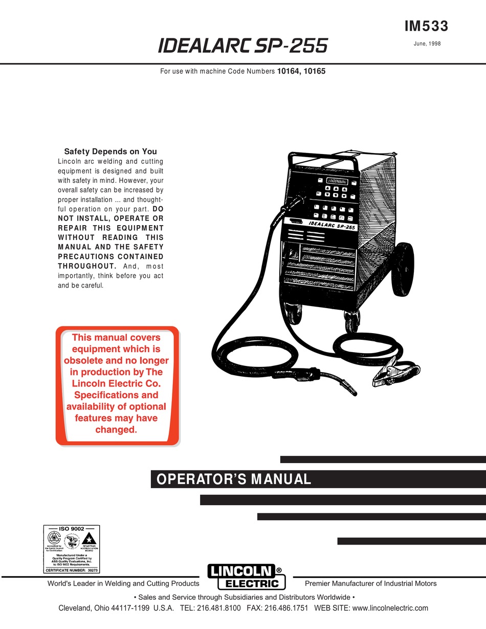 Lincoln Electric Idealarc Sp 255 Operator S Manual Pdf Download Manualslib