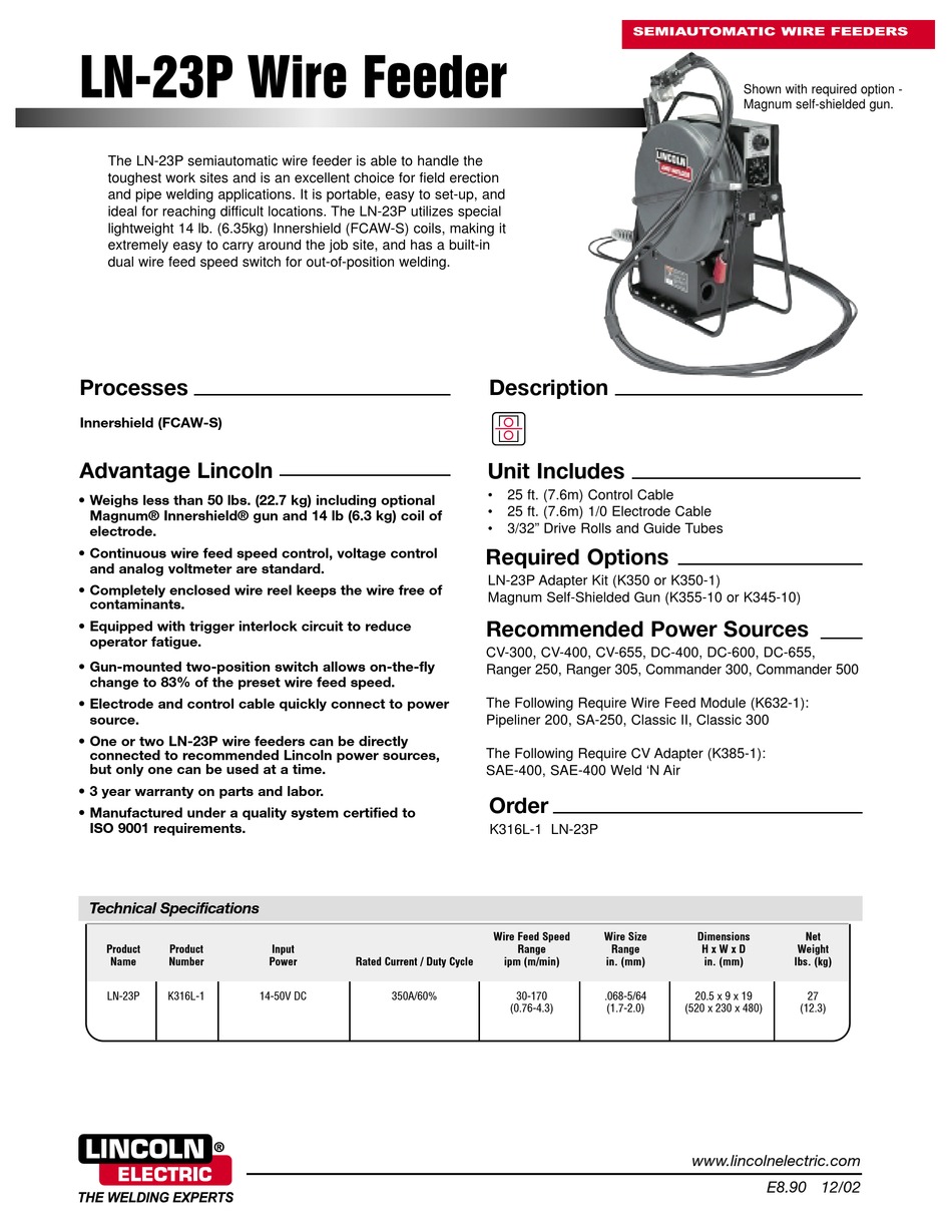 LINCOLN ELECTRIC LN-23P TECHNICAL SPECIFICATIONS Pdf Download | ManualsLib
