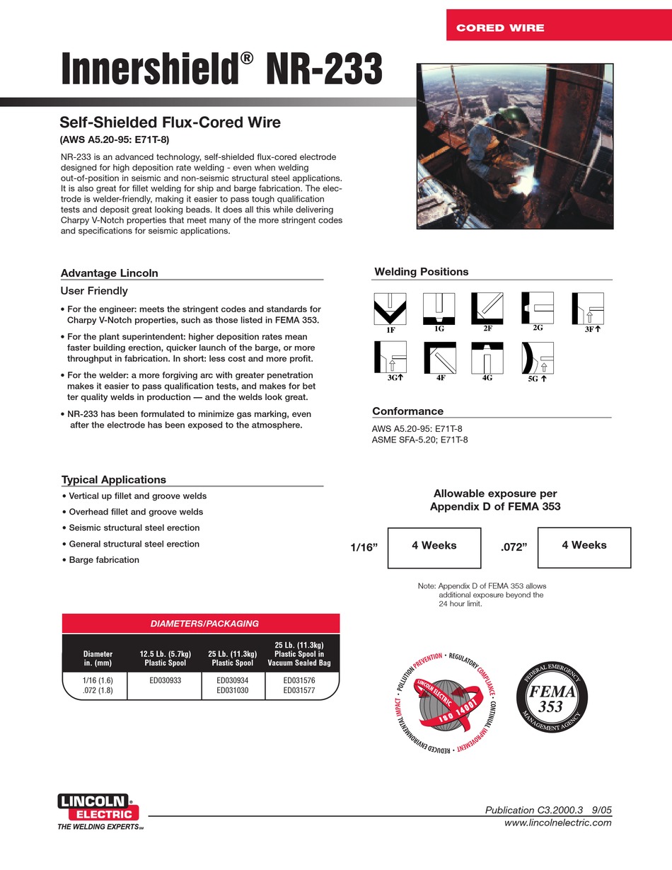 LINCOLN ELECTRIC INNERSHIELD NR233 SPECIFICATION SHEET Pdf Download