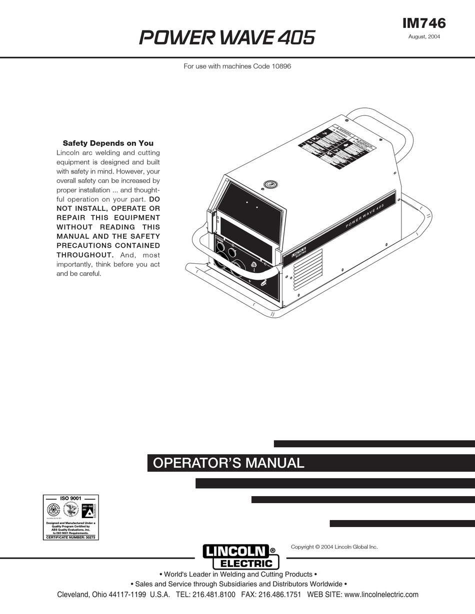 LINCOLN ELECTRIC POWER WAVE 405 IM746 OPERATOR'S MANUAL Pdf Download ...