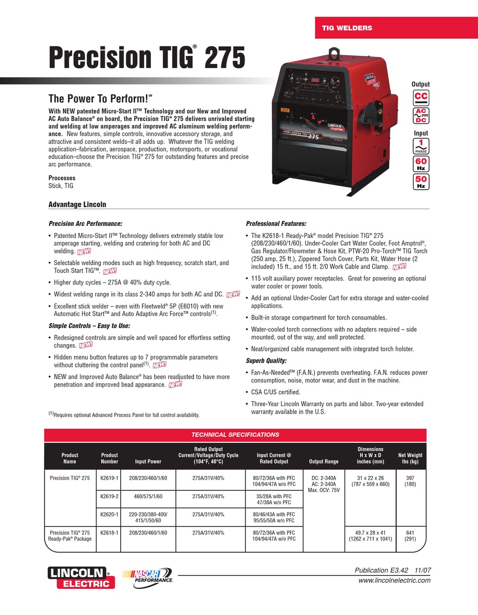 LINCOLN ELECTRIC PRECISION 275 SPECIFICATION SHEET Pdf Download