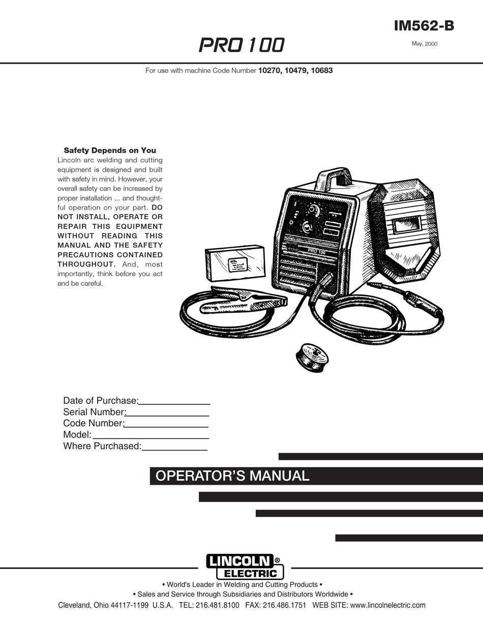 LINCOLN ELECTRIC PRO 100 OPERATOR'S MANUAL Pdf Download | ManualsLib