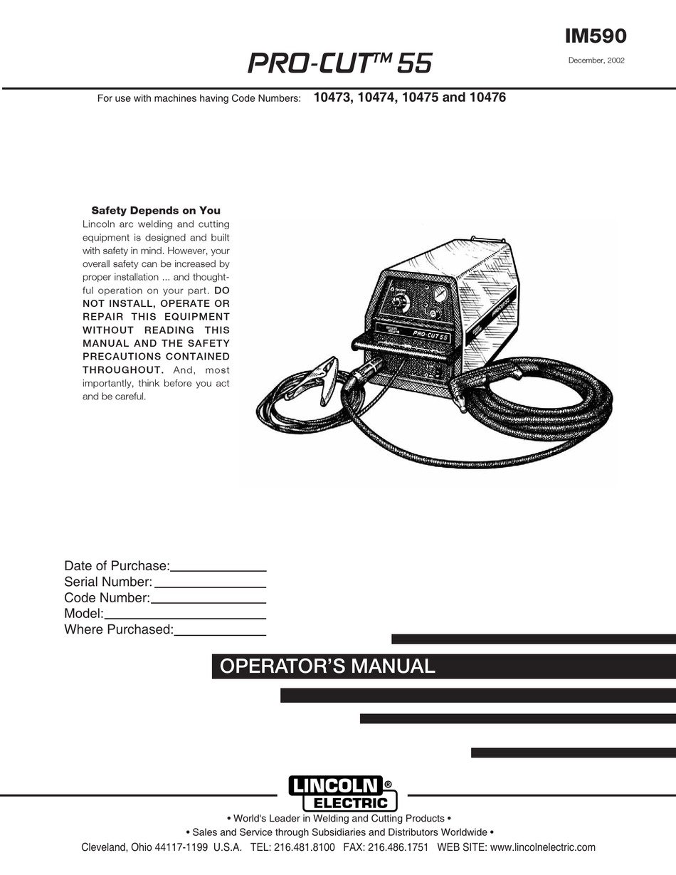 LINCOLN ELECTRIC PRO-CUT 10474 OPERATOR'S MANUAL Pdf Download | ManualsLib