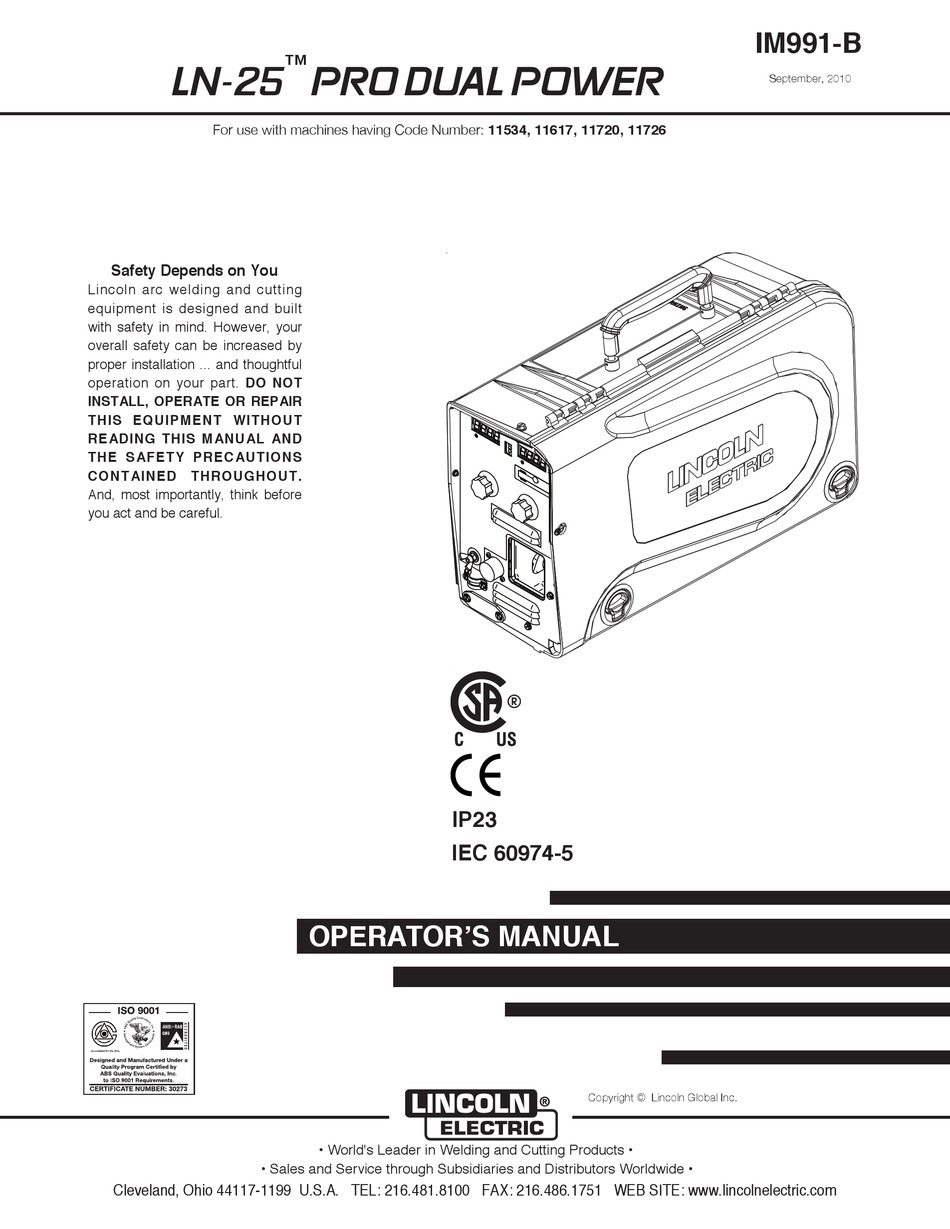 LINCOLN ELECTRIC PRO DUAL POWER LN-25 OPERATOR'S MANUAL Pdf Download