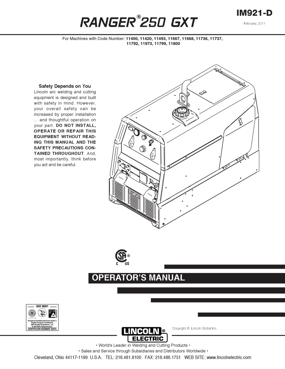 LINCOLN ELECTRIC RANGER 250 GXT OPERATOR'S MANUAL Pdf Download | ManualsLib