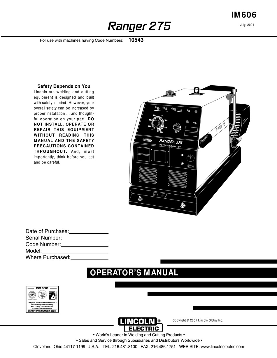 LINCOLN ELECTRIC RANGER 275 OPERATOR'S MANUAL Pdf Download | ManualsLib