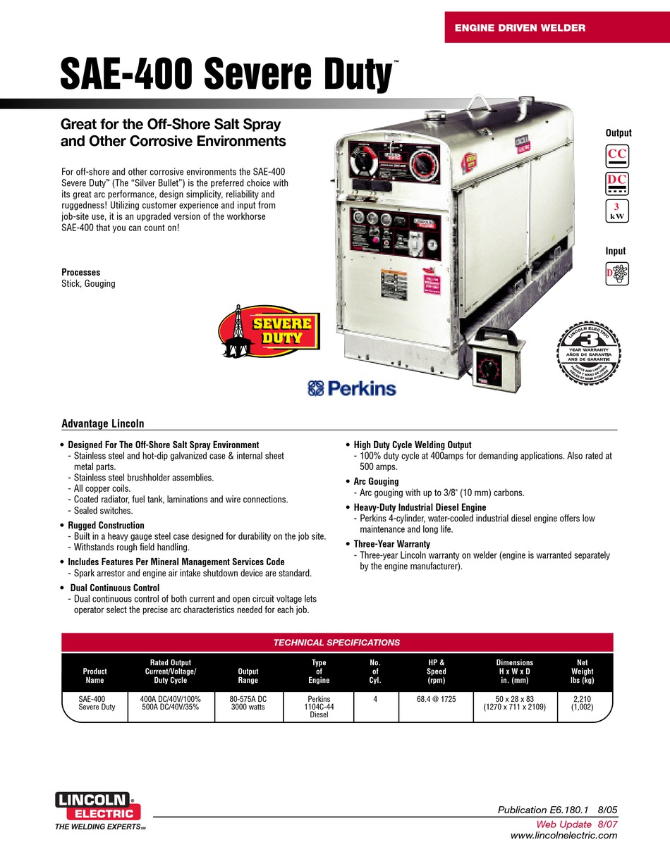 LINCOLN ELECTRIC SAE-400 SEVERE DUTY TECHNICAL SPECIFICATIONS Pdf ...