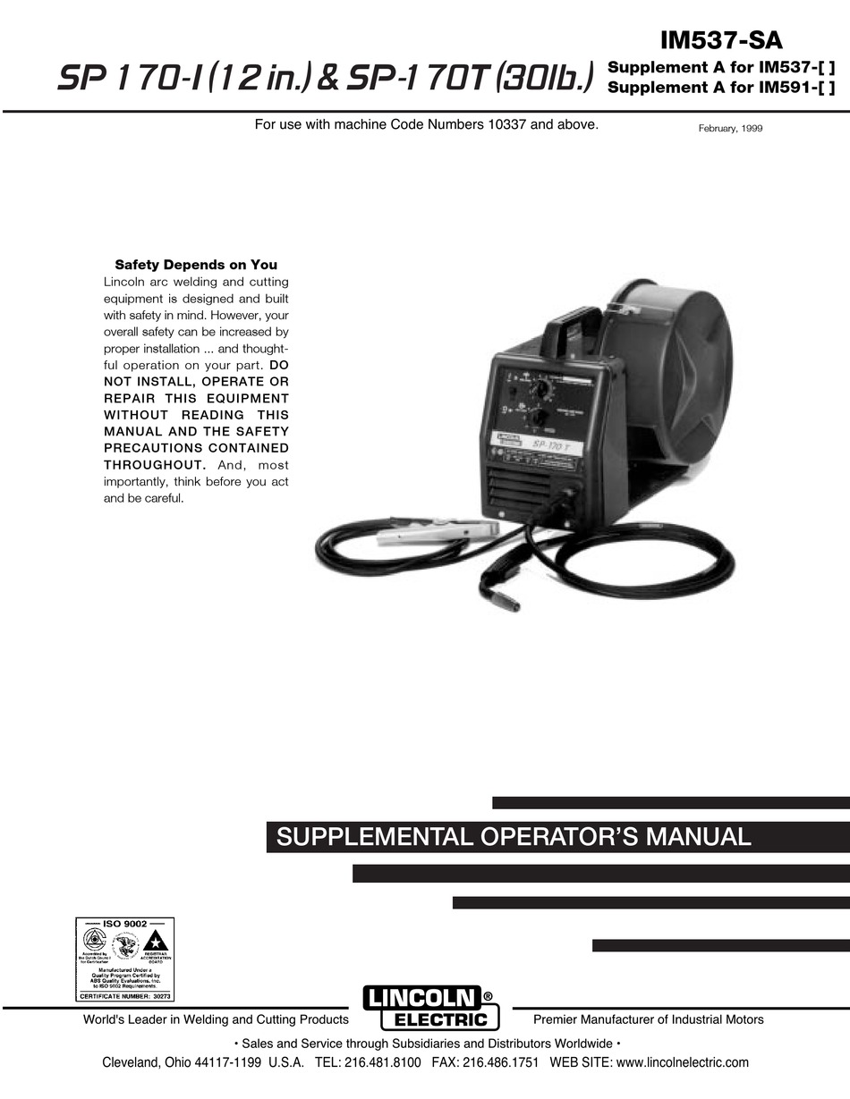 Lincoln Electric Sp 170 I Supplemental Operator S Manual Pdf Download Manualslib