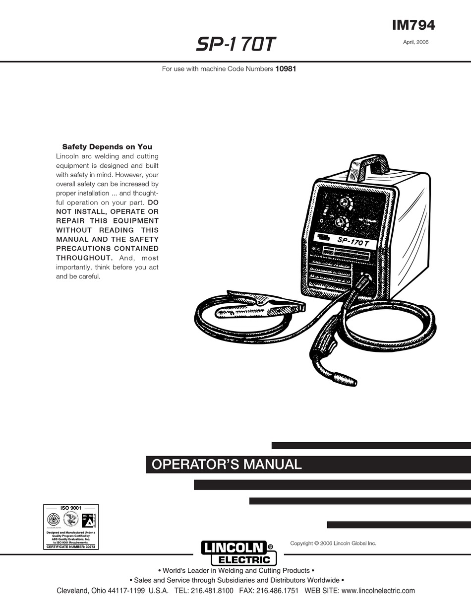 Lincoln Electric Sp 170t Im794 Operator S Manual Pdf Download Manualslib