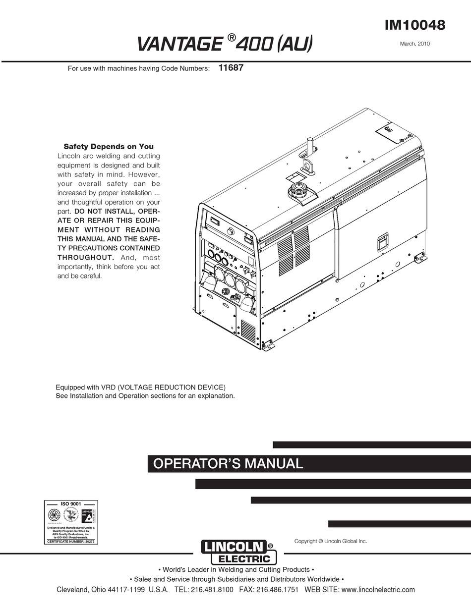 LINCOLN ELECTRIC VANTAGE 400 (AU) OPERATOR'S MANUAL Pdf Download