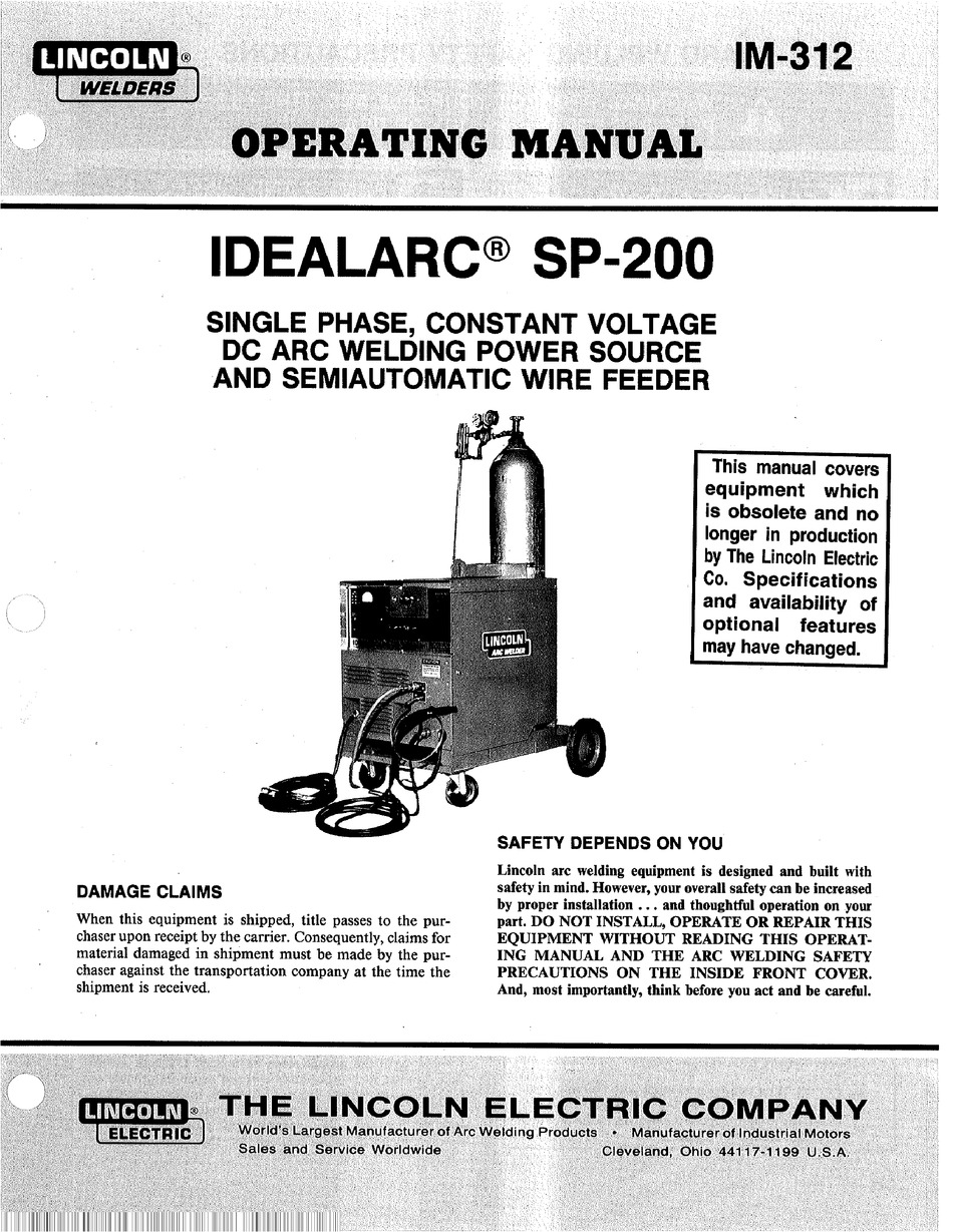 LINCOLN ELECTRIC IDEALARC SP200 OPERATING MANUAL Pdf Download ManualsLib