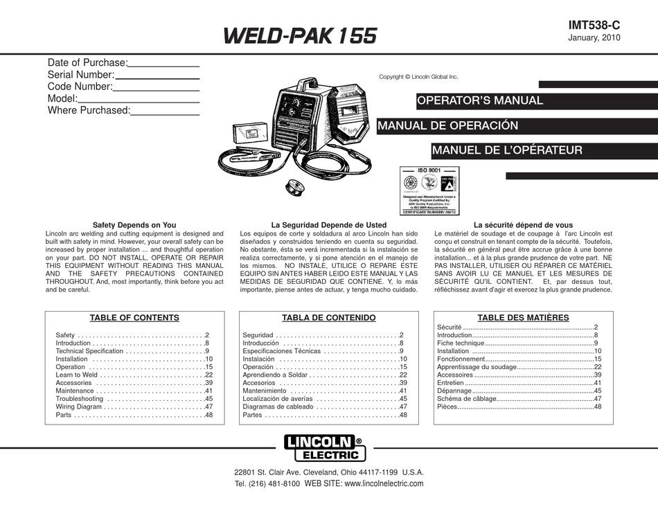 LINCOLN ELECTRIC WELD-PAK 155 OPERATOR'S MANUAL Pdf Download | ManualsLib