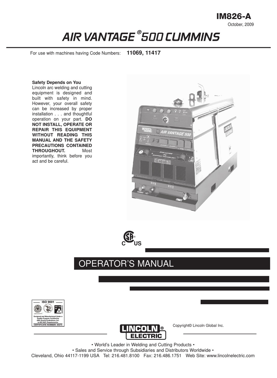 LINCOLN ELECTRIC AIR VANTAGE 500 CUMMINS IM826-A OPERATOR'S MANUAL Pdf ...