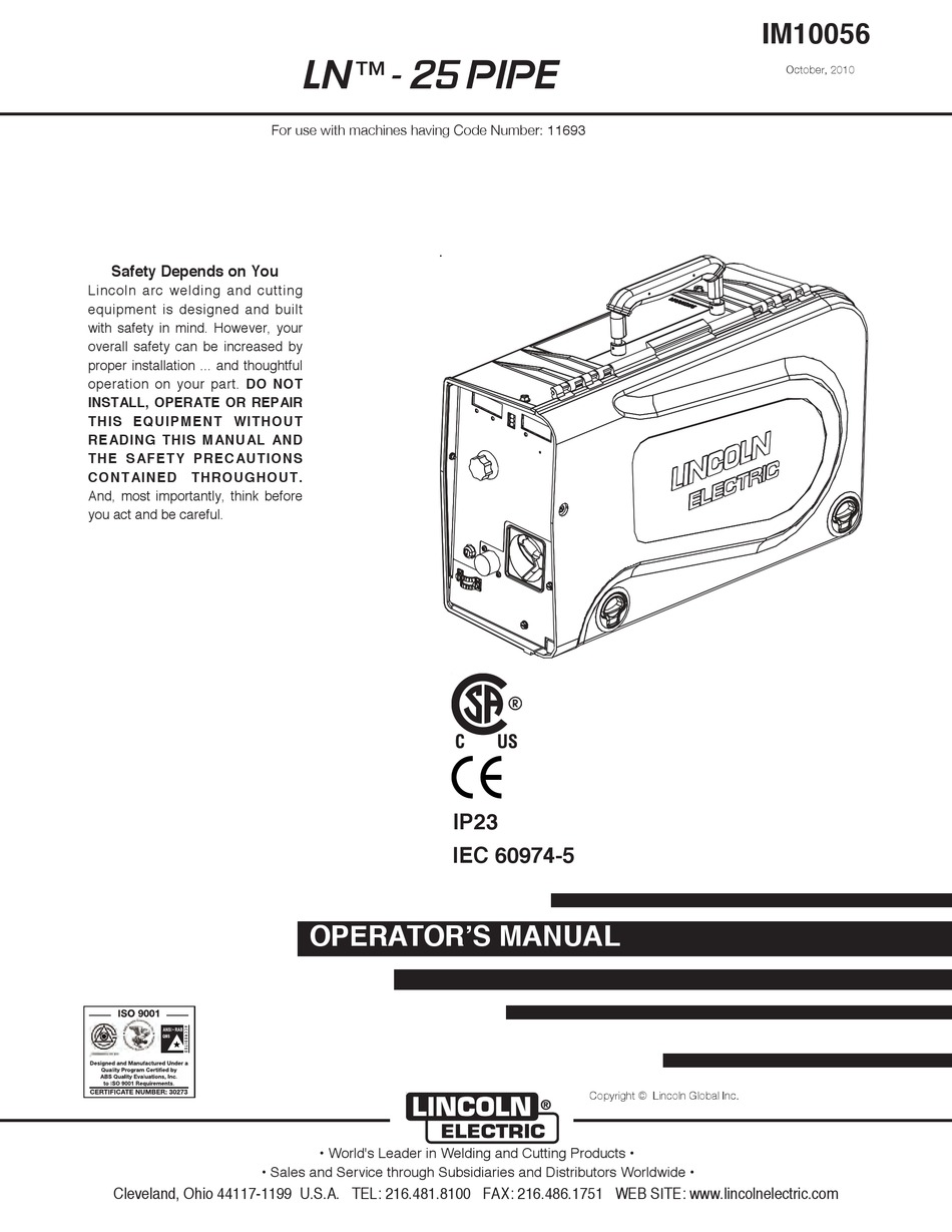 LINCOLN ELECTRIC LN- 25 PIPE IM10056 OPERATOR'S MANUAL Pdf Download ...