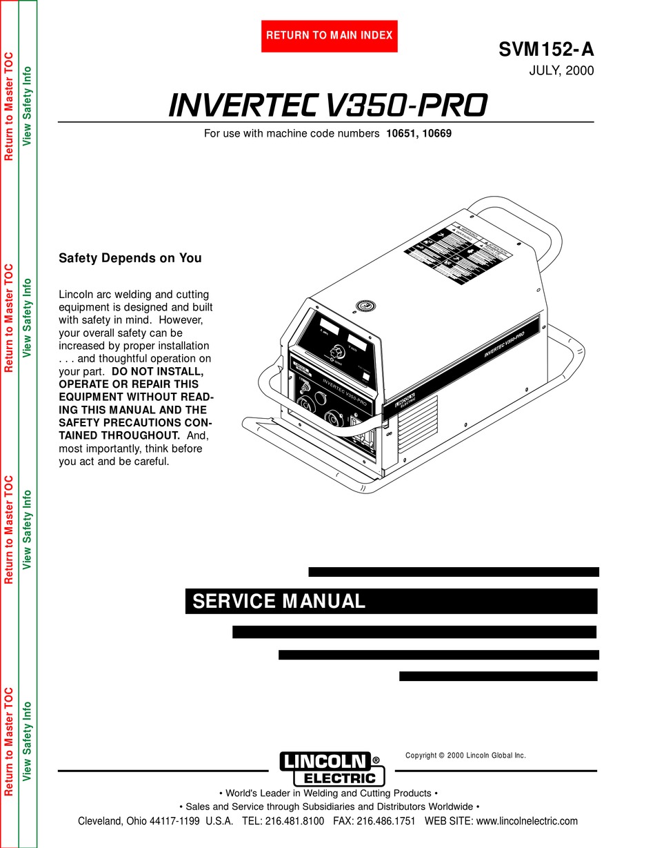 LINCOLN ELECTRIC INVERTEC V350-PRO SVM152-A SERVICE MANUAL Pdf Download