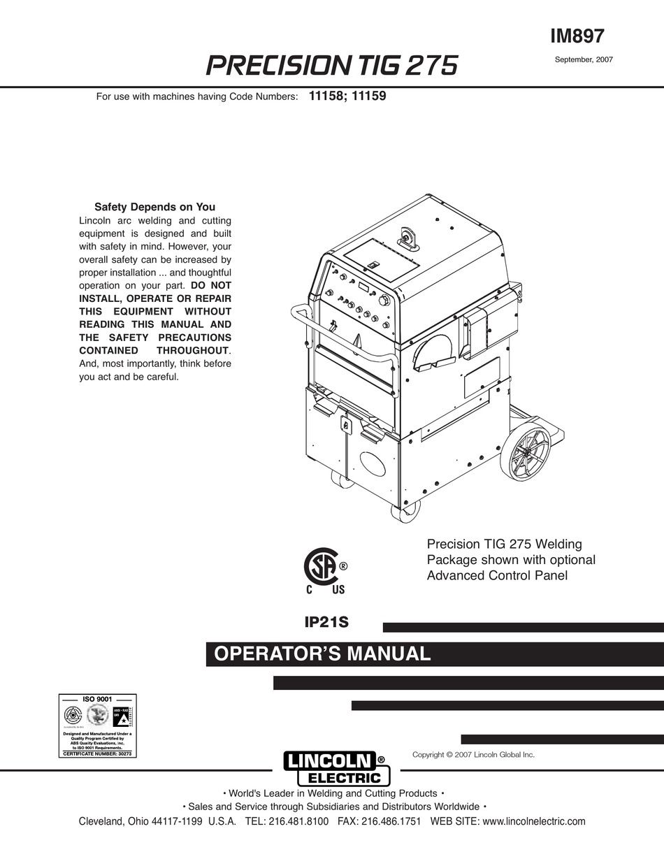 LINCOLN ELECTRIC PRECISION TIG 275 OPERATOR'S MANUAL Pdf Download