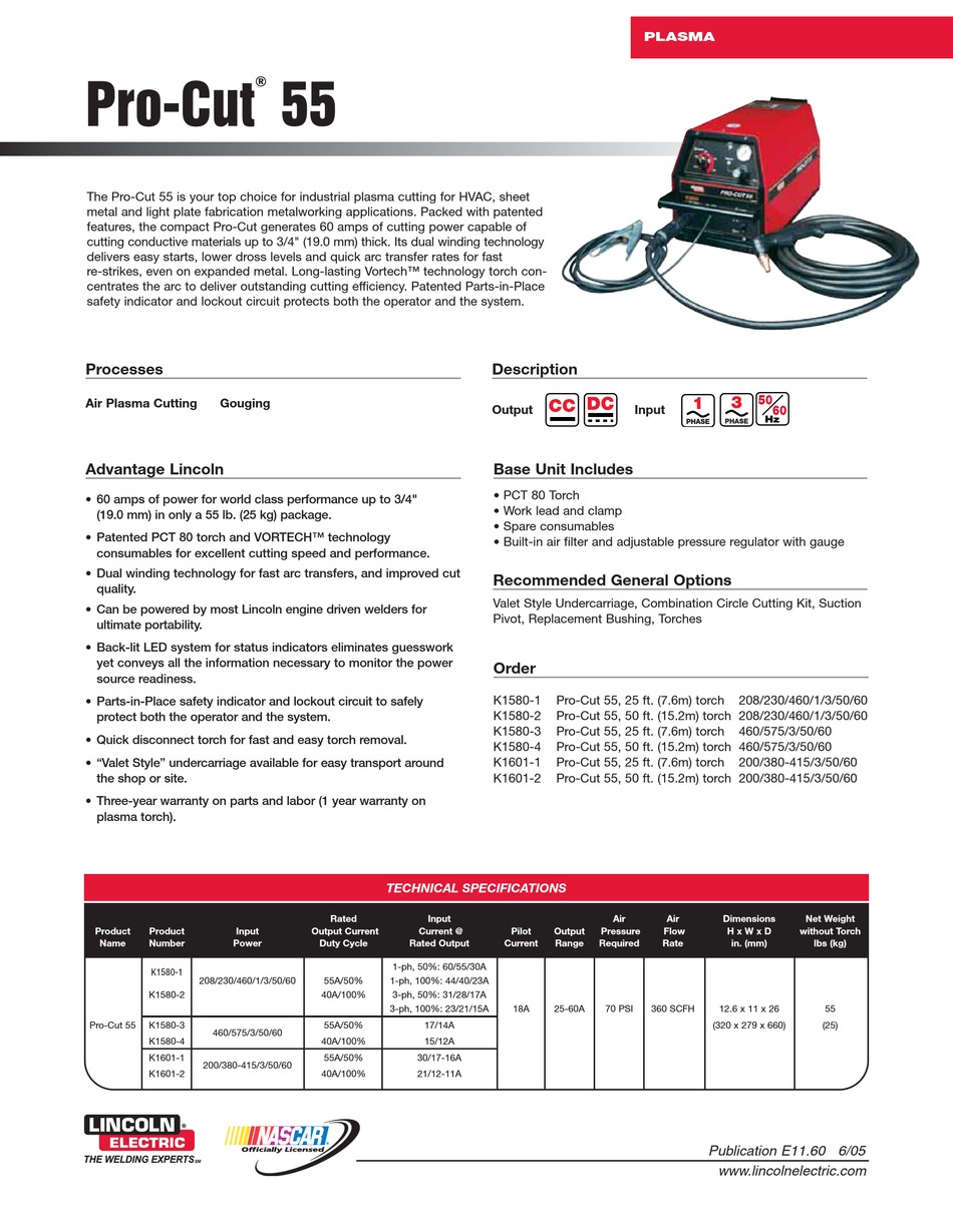 LINCOLN ELECTRIC PROCUT 55 TECHNICAL SPECIFICATIONS Pdf Download