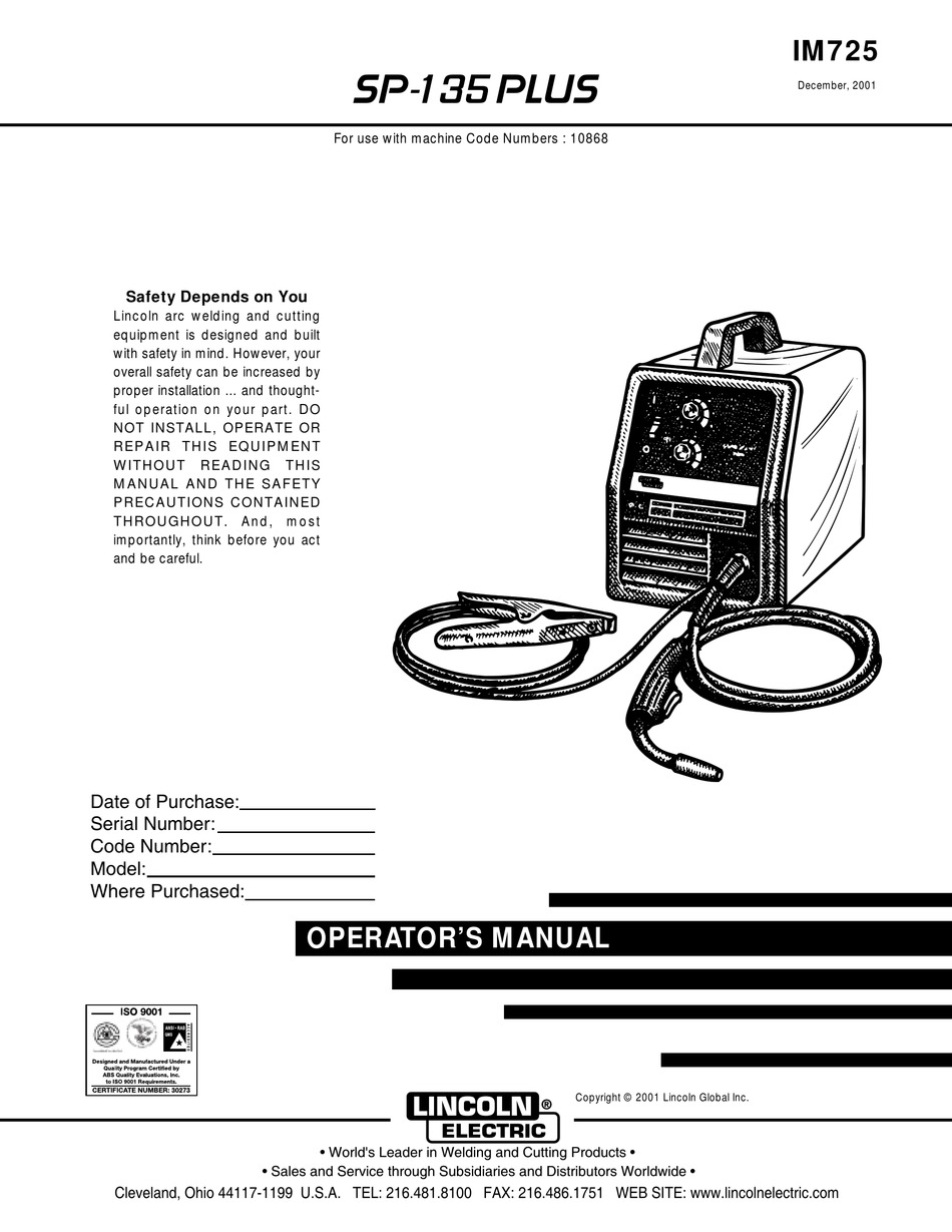 LINCOLN ELECTRIC SP135 PLUS IM725 OPERATOR