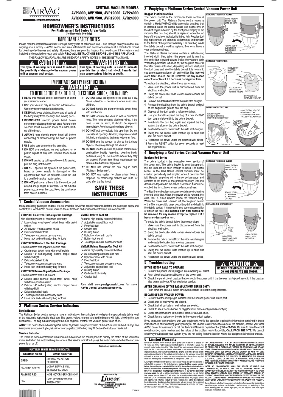 LINEAR AIRVAC AVP12000 HOMEOWNER'S INSTRUCTIONS Pdf Download ManualsLib
