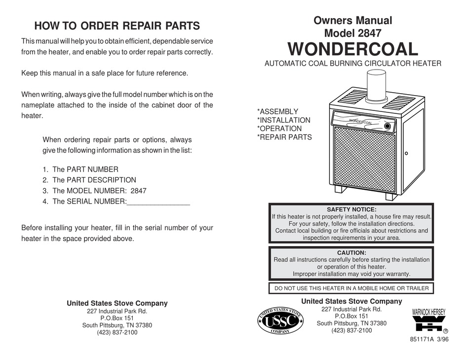 UNITED STATES STOVE COMPANY WONDERCOAL 2847 OWNER'S MANUAL Pdf Download
