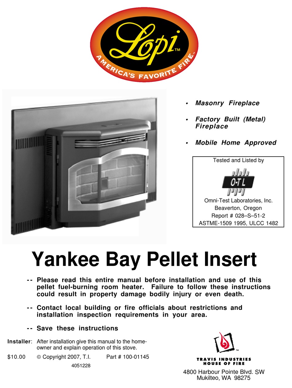 Lopi Yankee Bay Pellet Insert Instruction Manual Pdf Download Manualslib