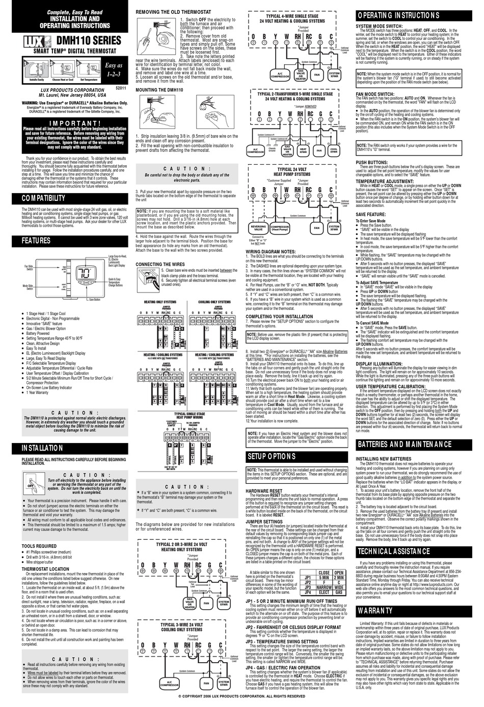 LUX PRODUCTS SERIES DMH110 INSTALLATION AND OPERATING INSTRUCTIONS Pdf Download ManualsLib