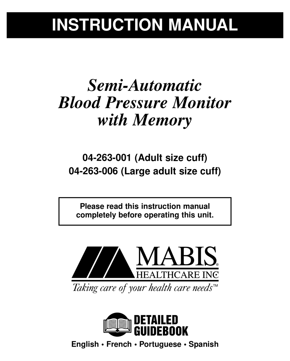 MABIS SEMI-AUTOMATIC BLOOD PRESSURE MONITOR INSTRUCTION MANUAL Pdf