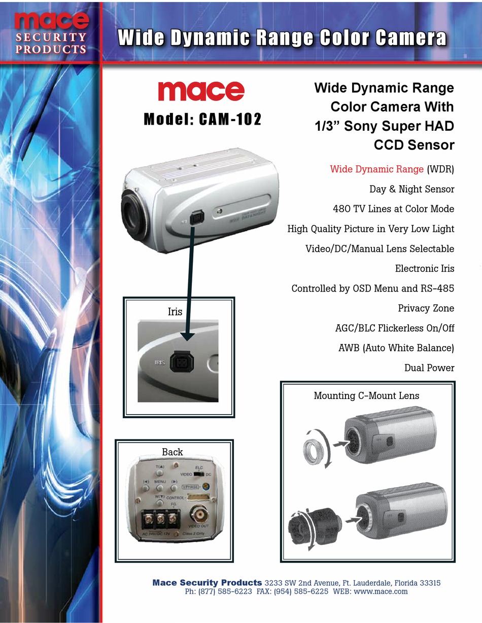 MACE CAM-102 SPECIFICATIONS Pdf Download | ManualsLib