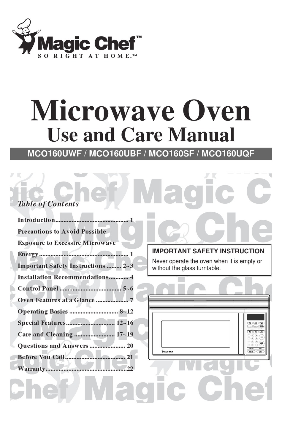 MAGIC CHEF MCO160SF USE AND CARE MANUAL Pdf Download ManualsLib