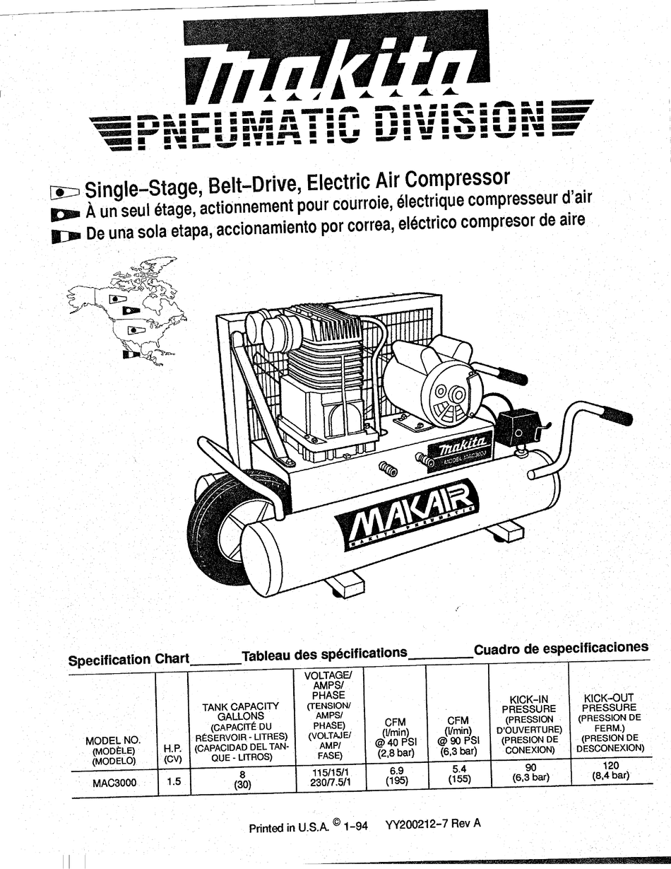 Makita MAC3001 Compresseur sur roues 3CV 2 x 4gal