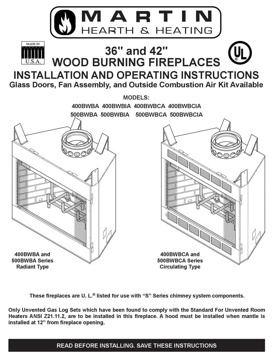 Martin 400bwba Installation And, Martin Gas Fireplace Replacement Parts