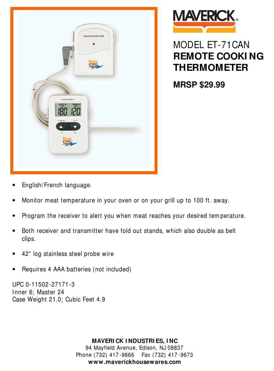 Maverick ET-71OS RediChek Remote Wireless Cooking Thermometer With LCD Transmitter 