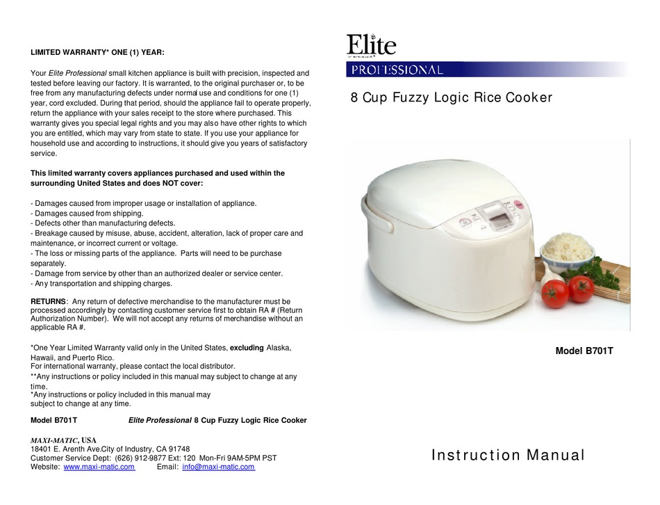 elite rice cooker manual