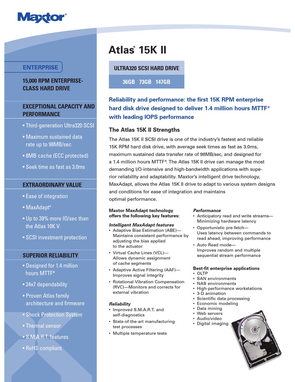 MAXTOR ATLAS SCSI DRIVE 15K II SPECIFICATION SHEET Pdf Download ManualsLib