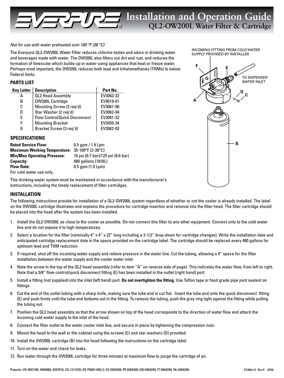 EVERPURE WATER FILTER AND CARTRIDGE QL2OW200L INSTALLATION AND
