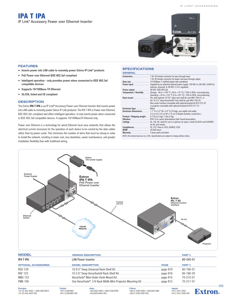 EXTRON ELECTRONICS IP LINK ACCESSORY POWER OVER INSERTER IPA T