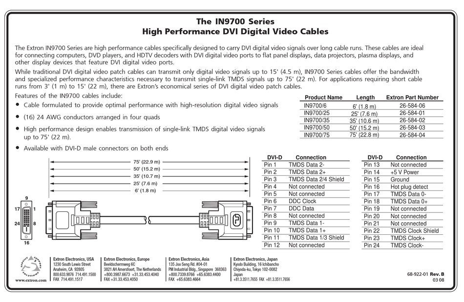EXTRON ELECTRONICS HIGH PERFORMANCE DVI DIGITAL VIDEO CABLES IN9700/25 SPECIFICATIONS Pdf