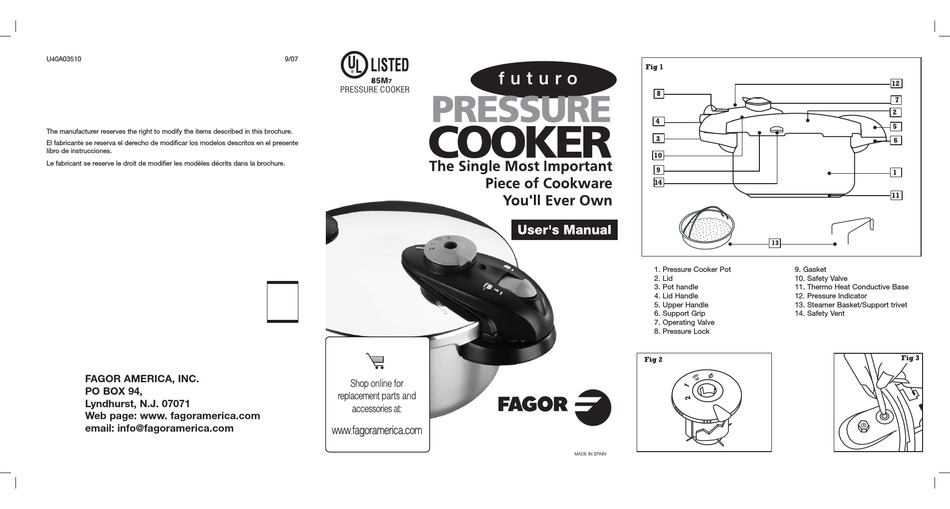 FAGOR PRESSURE COOKER 85M7 USER MANUAL Pdf Download | ManualsLib