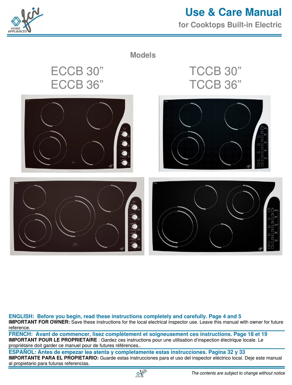 FCI HOME APPLIANCES ECCB 30” USE AND CARE MANUAL Pdf Download ManualsLib