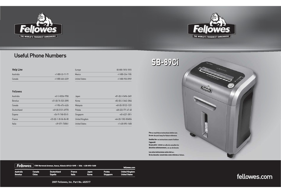 FELLOWES SB89CI USER MANUAL Pdf Download ManualsLib