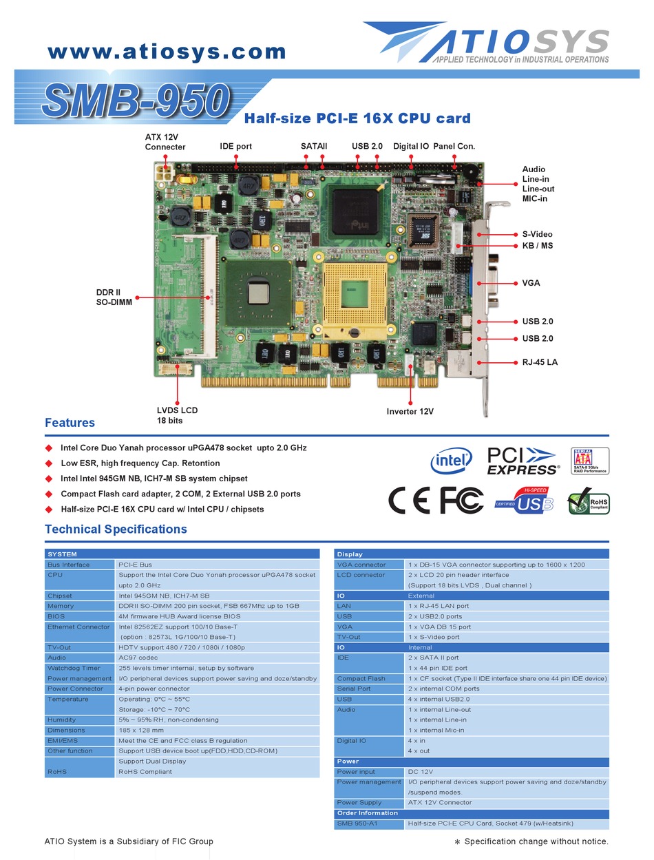 ATIOSYS SMB-950 TECHNICAL SPECIFICATIONS Pdf Download | ManualsLib